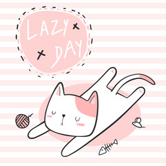 Cute little cat sleeping lazy day with pink striped background cartoon doodle card wallpaper vector design