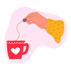Hand holding tea bag and tea cup. Hand drawn flat illustration.