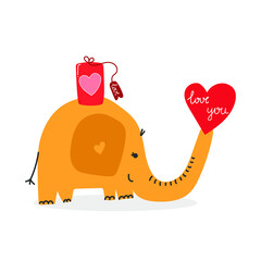 Hand drawn cute elephant with gift box and heart. Love and Valentines Day concept. Flat illustration.
