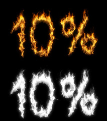 3D illustration of number percent text discount sale on fire with alpha layer