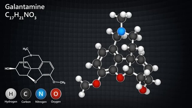 Galantamine (Razadyne, Reminyl), is used for the treatment of cognitive decline in mild to moderate Alzheimer's disease. Formula: C17H21NO3. 3D render. Seamless loop. Ball and Stick chemical structure