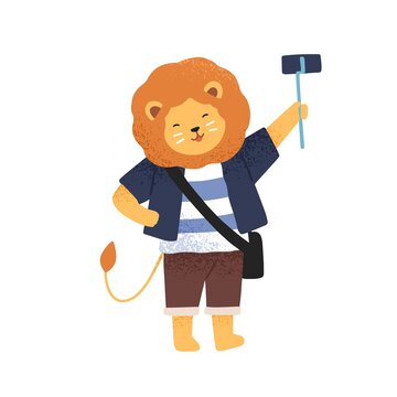 Funny lion taking photo or video holding selfie stick monopod vector flat illustration. Smiling childish animal traveler shooting or photographing, use smartphone isolated. Happy tourist character