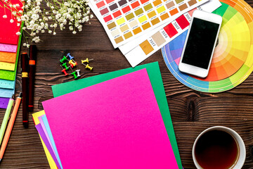 designer tools on work table white background top view