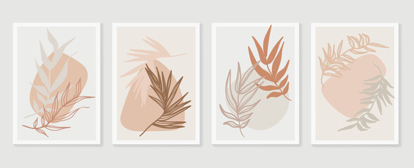 Botanical wall art vector set. Earth tone boho foliage line art drawing with  abstract shape.  Abstract Plant Art design for wall framed prints, canvas prints, poster, home decor, cover, wallpaper. © TWINS DESIGN STUDIO