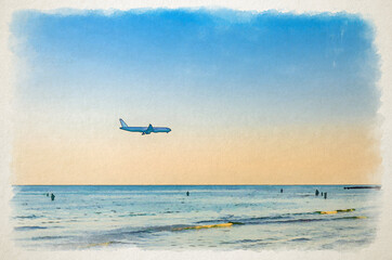 Fototapeta na wymiar Watercolor drawing of Airplane flying low above sea and people tourists swimming in water, clear blue orange sky at sunset