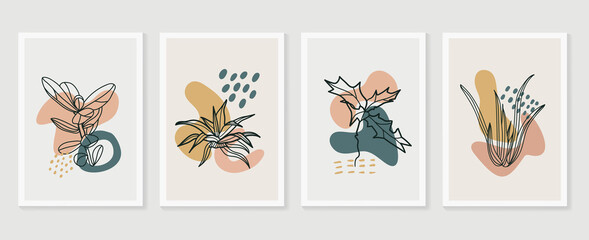 Botanical wall art vector set. Earth tone boho foliage line art drawing with  abstract shape.  Abstract Plant Art design for wall framed prints, canvas prints, poster, home decor, cover, wallpaper.