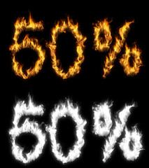3D illustration of number percent text discount sale on fire with alpha layer