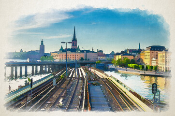 Fototapeta na wymiar Watercolor drawing of Cityscape of Stockholm historical city centre with Riddarholmen island Church spires, City Hall Stadshuset tower