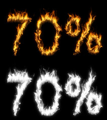 3D illustration of number percent text discount sale on fire with alpha layer
