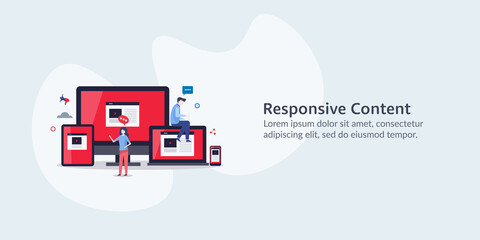Team of web designer working on responsive website page displaying on computer, laptop, tablet and smartphone screen. Flat design vector illustration.