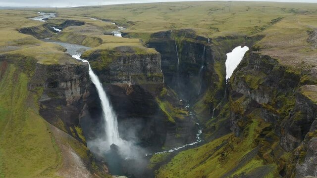 Haifoss waterfall in Iceland, Aerial static view. Natural wonder Landmannalaugar canyon.