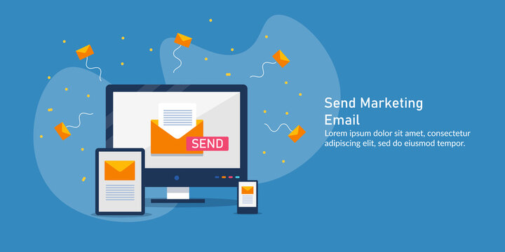 Sending marketing email via desktop, laptop and mobile device. Email message, newsletter campaign, communication and technology.  Flat design vector illustration.