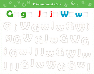  Worksheet for children. Color and count the letters. Development of attention to soldering, thinking, fine motor skills