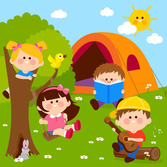 Obraz na płótnie Canvas Children in a forest camping site playing and reading. Vector illustration