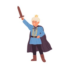 Fototapeta premium Cute little boy in prince costume holding sword vector flat illustration. Funny male child wearing crown and cloak at masquerade party isolated. Kid actor play king or knight in theater performance
