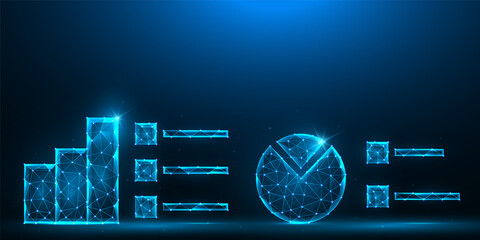 Statistical data analysis low poly design. Analytical chart and bars polygonal vector illustrations on a blue background.