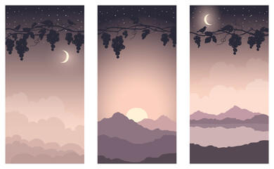 Landscape -- bunches of grapes at sunset. Vector illustration, narrow background, starlight night starry night in the vineyard. EPS 10.	