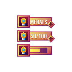 set of funny old wooden game ui award medals icon with numeric and load bar additional panel for gui asset elements vector illustration