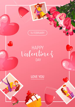 Happy Valentine's Day frame banner design with photos of couple. Cupcake and glasses of wine with flowers and heart balloons. Romantic Valentine's day Love concept. A4 vector illustration for banner.