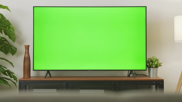 Zoom out shot of TV Green Screen in living room with tree and lamps. chroma key screen for advertising.