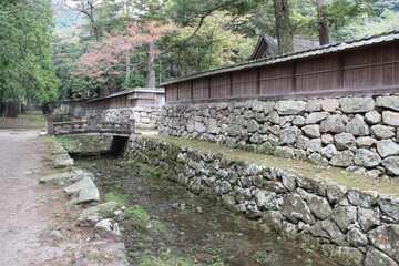 canal, bridge and building in izumo in japan 