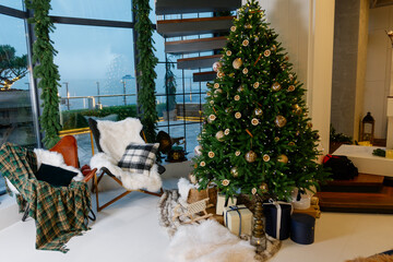 Decorated Christmas room with beautiful fir tree