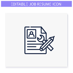 Resume proofreading line icon. Resume, cv or cover letter editing. Personal recruitment information. Job search, employment, career growth concept. Isolated vector illustration. Editable stroke 