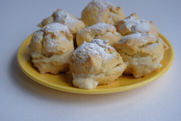 Shu cake. homemade shu cake with vanilla custard inside.