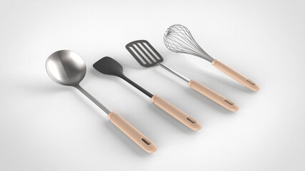 cooking tools white background one center angled 3D Render
