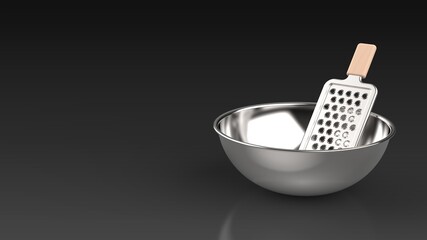grater and bowl black background one right front 3D Render