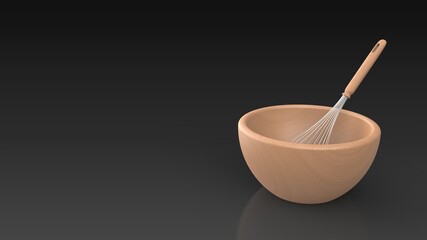 whisk and wood bowl black background one right front 3D Render