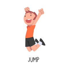 Jump Word, the Verb Expressing the Action, Children Education Concept, Cute Jumping Boy Cartoon Style Vector Illustration
