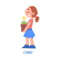 Carry Word, the Verb Expressing the Action, Children Education Concept, Cute Girl Carrying Flower Pot Cartoon Style Vector Illustration