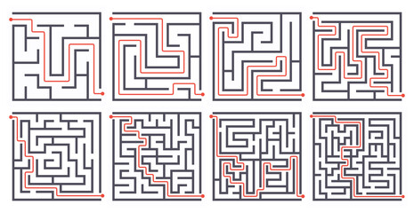 Square maze. Find way game, different level labyrinths with path line vector illustration set