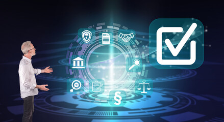 A validation concept explained by a businessman on a wall screen