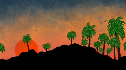 Palm trees on sunset and flying birds