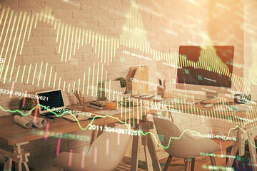 Multi exposure of stock market chart drawing and office interior background. Concept of financial analysis.