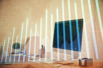 Double exposure of stock market graph drawing and office interior background. Concept of financial analysis.