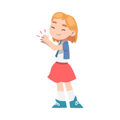 Cute Happy Little Girl Clapping her Hands, Adorable Girl in Dress Expressing Enjoyment, Appreciation, Delight Cartoon Style Vector Illustration