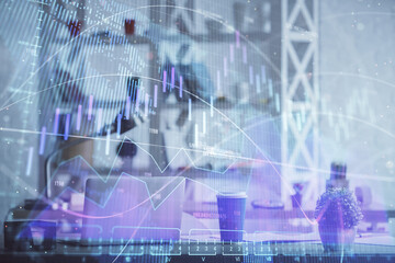 Double exposure of stock market graph drawing and office interior background. Concept of financial analysis.