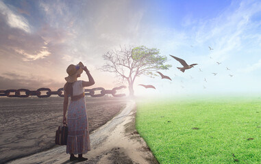 New Life concept: Woman standing between climate worsened with good atmosphere and birds - obrazy, fototapety, plakaty