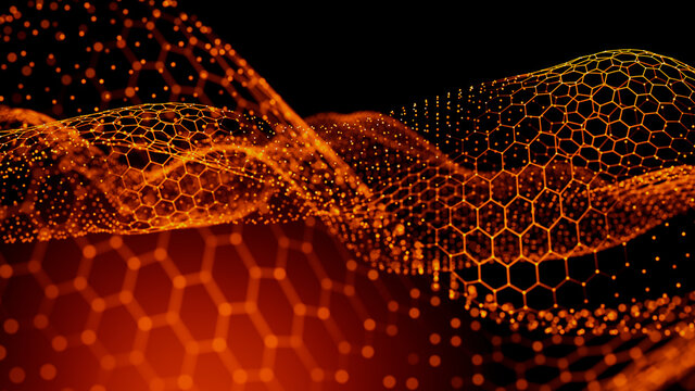 Sound Wave Vizualisation concept. Music audio frequencies represented as High Tech Futuristic Particle Waves. Abstract background. 3D render