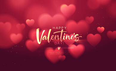 Bokeh Blurred Heart Shape Shiny Luxurious Background for Valentines Day congratulations. Handwriting lettering Happy Valentines Day. Vector illustration
