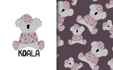Koala in pink pajamas. Set of vector seamless backgrounds and illustrations. Children's illustrations in cartoon hand-drawn style for printing on clothes, interior design, packaging, printing.