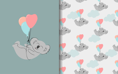 Koala is flying on balloons. Set of vector seamless backgrounds and illustrations. Children's illustrations in cartoon hand-drawn style for printing on clothes, interior design, packaging, printing.