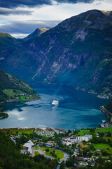 Naklejka na ściany i meble Fjord Geirangerfjord with cruise ship, Norway.