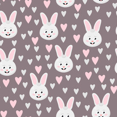 Cute seamless pattern with bunny and hearts in children s style. Vector illustration on a gray background. Wallpaper wrapping paper
