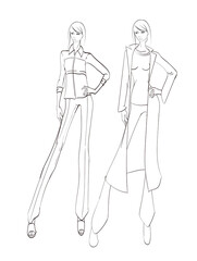 Beautiful young women in modern style.. Hand drawn stylish woman portrait. Fashion lady. Autumn outfit. Sketch set. Fashion model posing in coat. Hand drawn fashion woman.