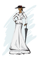 Beautiful young African American woman in a vintage evening dress. Fashion hand drawn girl. Posing a photo model. Sketch. Vector illustration. Fashion woman look. Sketch.