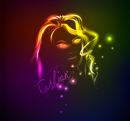 Hand-drawn fashion model from a neon. Vector illustration. A light girl's face.